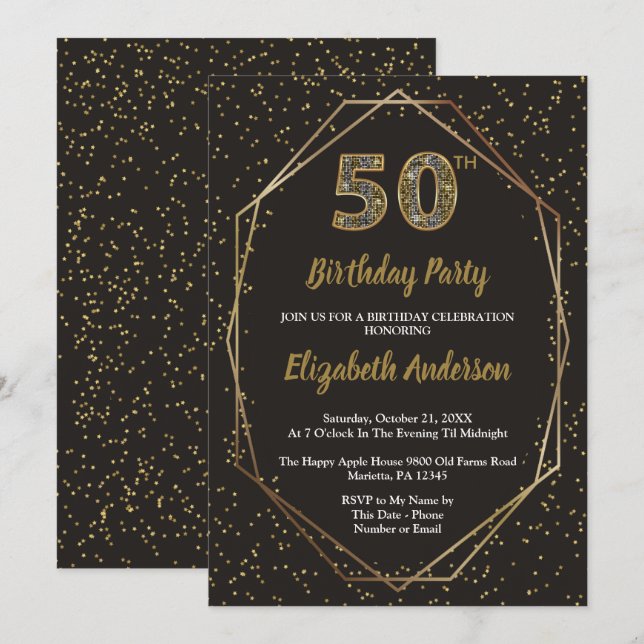 Invitación Fiesta de cumpleaños 50 Glam Black Gold (Anverso / Reverso)