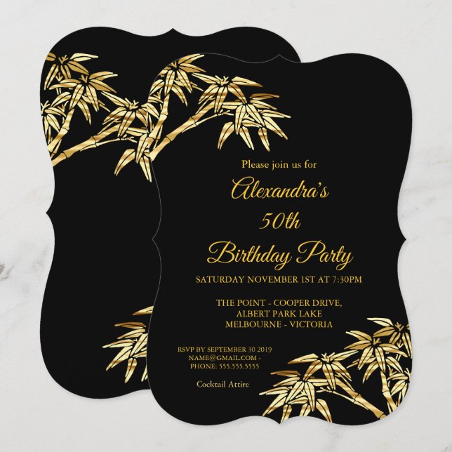 Invitación Fiesta de cumpleaños 50 Gold Bamboo negro (Anverso / Reverso)