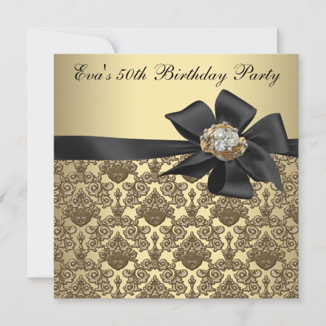 Invitación Fiesta de cumpleaños 50 Gold Black Damask (Anverso)