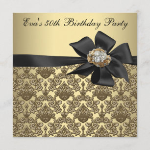 Invitación Fiesta de cumpleaños 50 Gold Black Damask