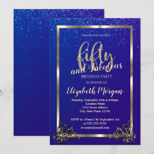 Invitación Fiesta de Cumpleaños 50 Gold Frame Confetti Azul