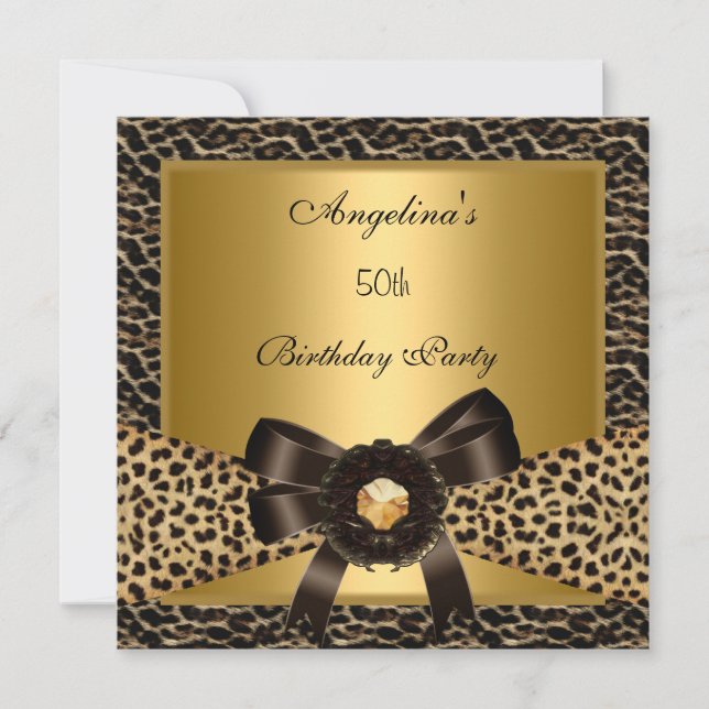 Invitación Fiesta de cumpleaños 50 Gold Leopard Café Marrón (Anverso)