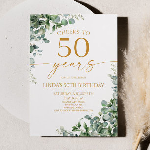 Invitación Fiesta de cumpleaños 50 Green Eucalyptus Gold