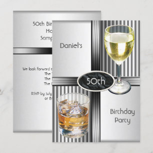 Invitación Fiesta de cumpleaños 50 Mens Drinks Metal Negro Pl