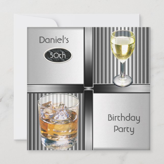 Invitación Fiesta de cumpleaños 50 Mens Metal Negro Plateado (Anverso)