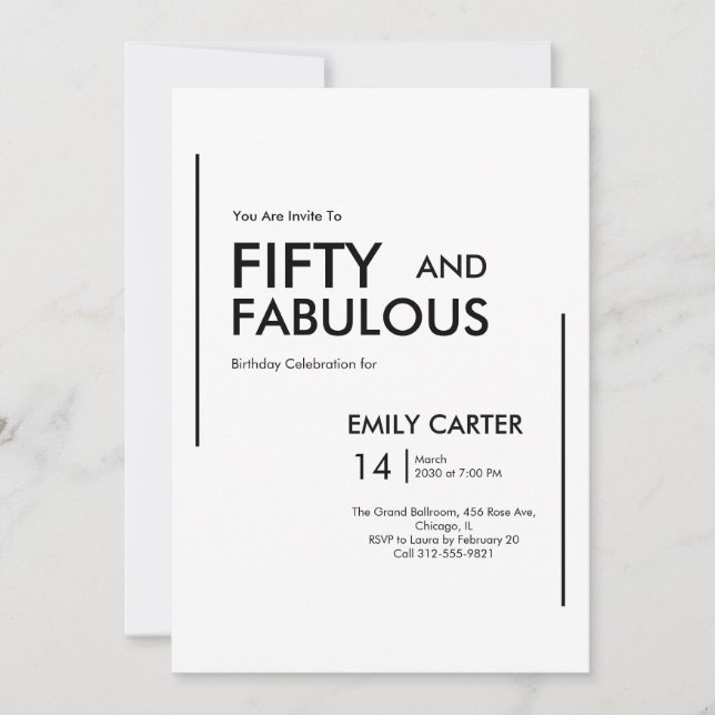 Invitación Fiesta de cumpleaños 50 Minimal Fifty y Fabuloso (Anverso)