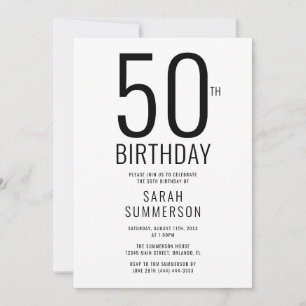 Invitación Fiesta de cumpleaños 50 Minimal Negro Blanco