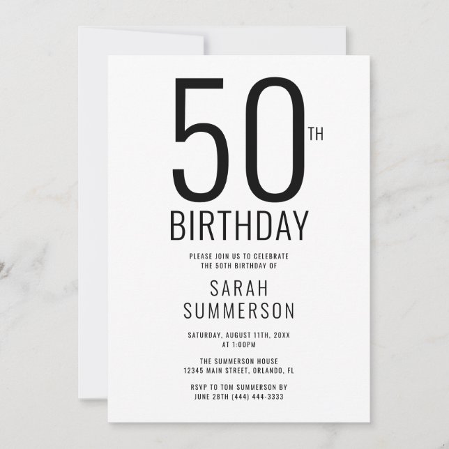 Invitación Fiesta de cumpleaños 50 Minimal Negro Blanco (Anverso)