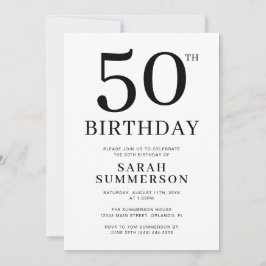 Invitación Fiesta de cumpleaños 50 Minimal Negro Blanco