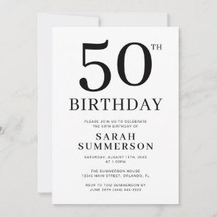 Invitación Fiesta de cumpleaños 50 Minimal Negro Blanco