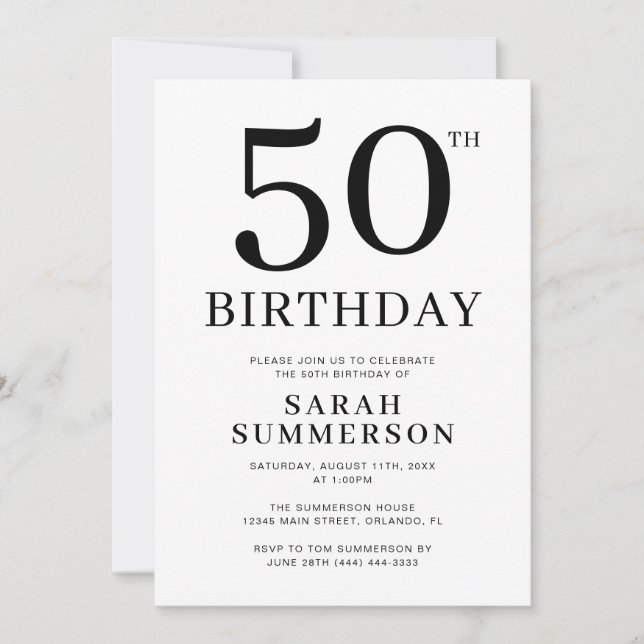 Invitación Fiesta de cumpleaños 50 Minimal Negro Blanco (Anverso)