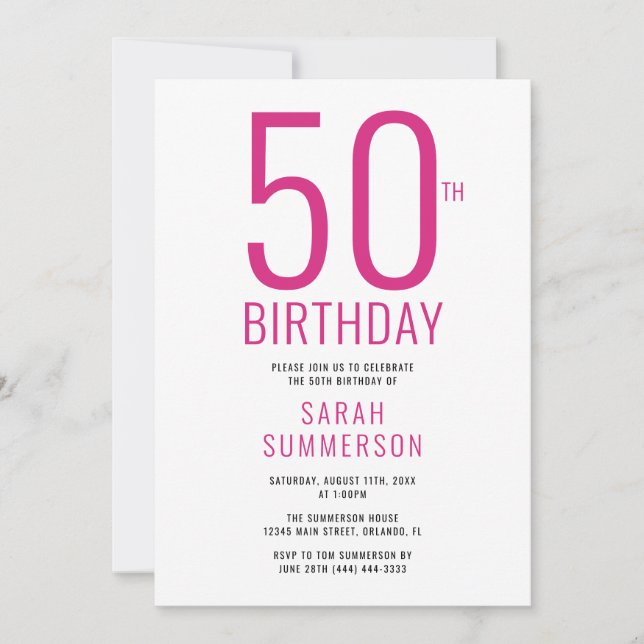 Invitación Fiesta de cumpleaños 50 Minimal Rosa Blanco (Anverso)