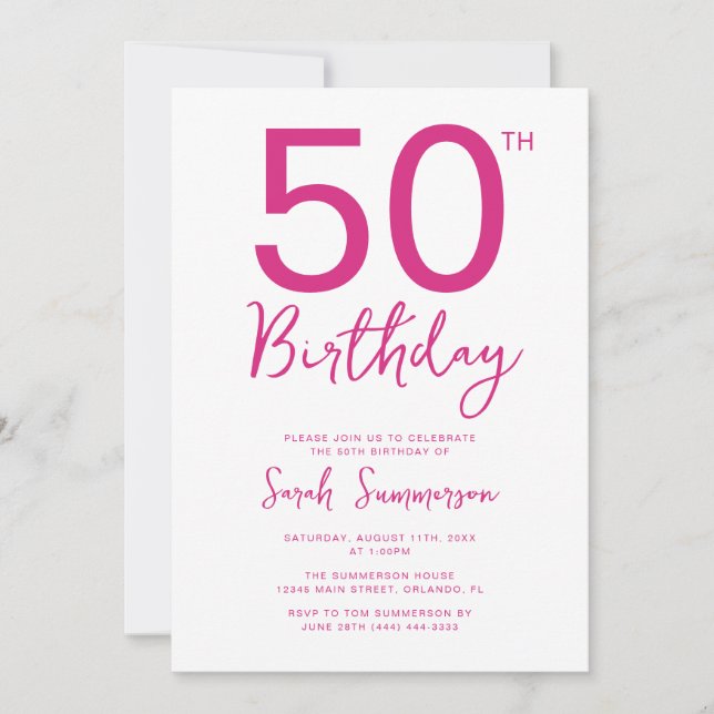 Invitación Fiesta de cumpleaños 50 Minimal Rosa Blanco Escrit (Anverso)