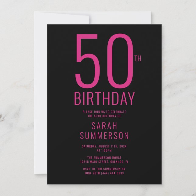 Invitación Fiesta de cumpleaños 50 Minimal Rosa Negro (Anverso)