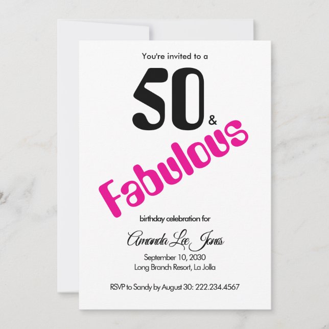 Invitación Fiesta de cumpleaños 50 Minimal y Fabuloso Rosa (Anverso)
