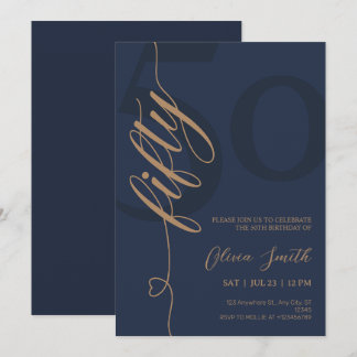 Invitación Fiesta de cumpleaños 50 moderna azul marino y dora