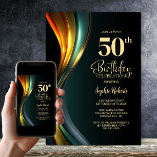 Invitación Fiesta de cumpleaños 50 moderna en negro y dorado