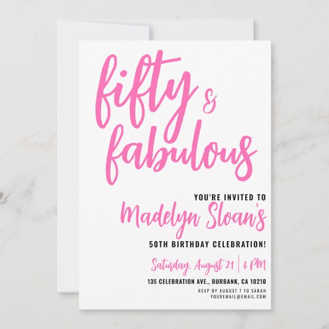 Invitación Fiesta de cumpleaños 50 moderna y fabulosa rosa (Anverso)