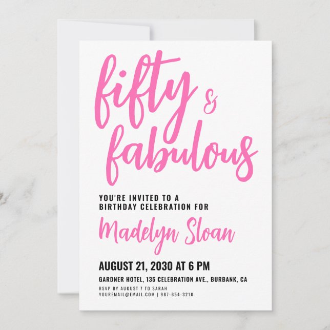 Invitación Fiesta de cumpleaños 50 moderna y fabulosa rosa (Anverso)