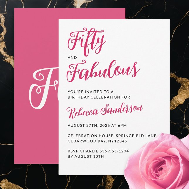 Invitación Fiesta de cumpleaños 50 moderna y fabulosa rosa (A "Fifty and Fabulous" invitation for a 50th birthday party, with pink script and black capitals)