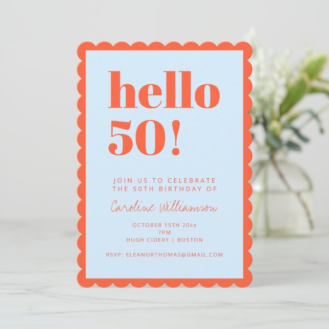 Invitación Fiesta de Cumpleaños 50 Moderno Naranja Azul con B (Anverso de pie)