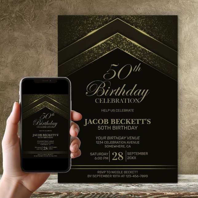Invitación Fiesta de cumpleaños 50 moderno negro y dorado (Subido por el creador)