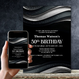 Invitación Fiesta de cumpleaños 50 moderno negro y plata