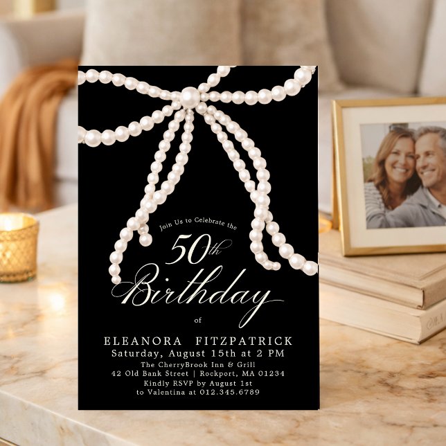 Invitación Fiesta de cumpleaños 50 negro blanco Coquette lazo (Subido por el creador)