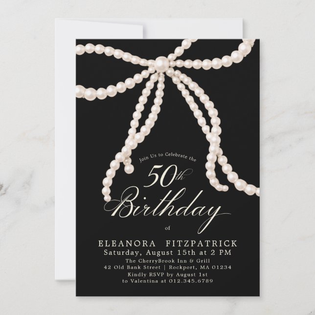Invitación Fiesta de cumpleaños 50 negro blanco Coquette lazo (Anverso)
