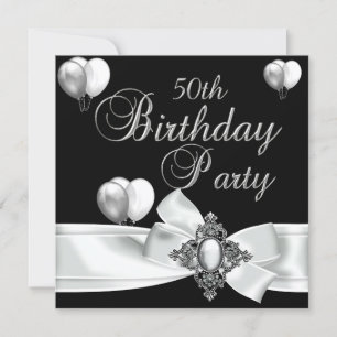 Invitación Fiesta de cumpleaños 50 negro blanco globos de pla