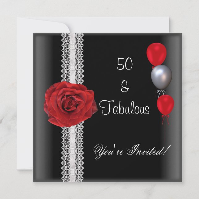 Invitación Fiesta de cumpleaños 50 negro blanco rosa rojo (Anverso)