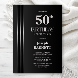 Invitación Fiesta de cumpleaños 50 negro con franjas plateada