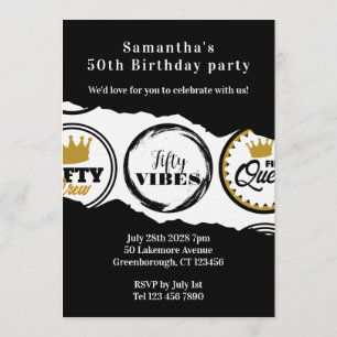 Invitación Fiesta de cumpleaños 50 negro dorado cincuenta