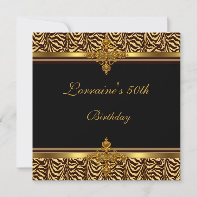 Invitación Fiesta de cumpleaños 50 negro dorado raya de cebra (Anverso)