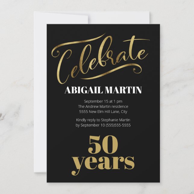 Invitación Fiesta de cumpleaños 50 negro oro blanco (Anverso)