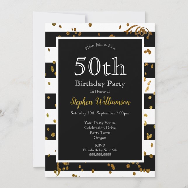 Invitación Fiesta de cumpleaños 50 negro y blanco | Brillo do (Anverso)