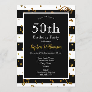 Invitación Fiesta de cumpleaños 50 negro y blanco   Brillo do