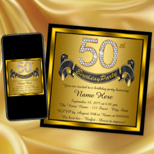 Invitación Fiesta de cumpleaños 50 negro y dorado