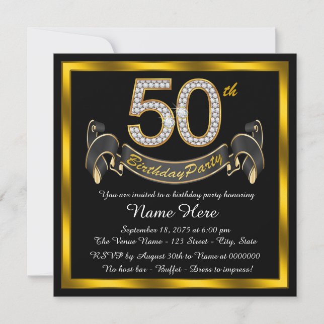 Invitación Fiesta de cumpleaños 50 negro y dorado (Anverso)