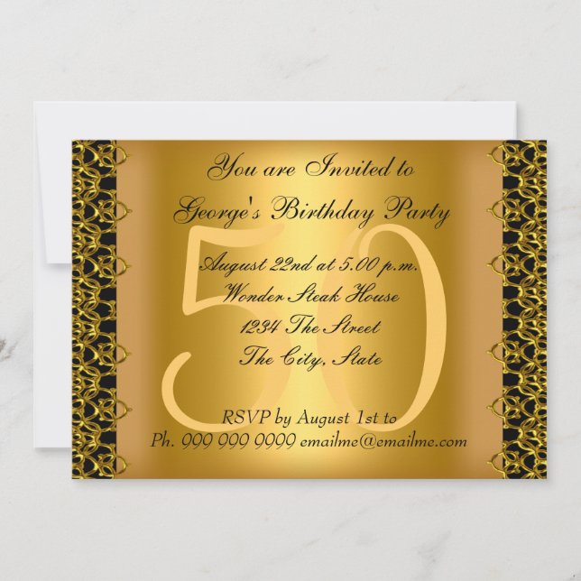 Invitación Fiesta de cumpleaños 50 negro y dorado (Anverso)