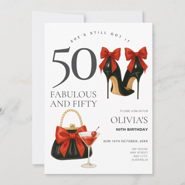 Invitación Fiesta de cumpleaños 50 negro y rojo moderna y tre (Anverso)