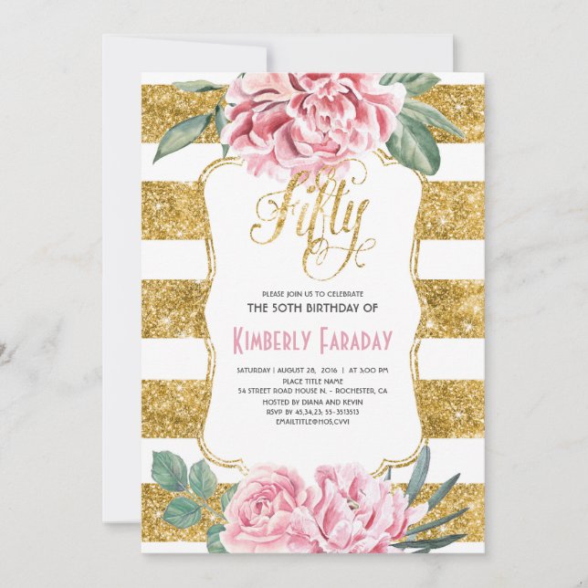 Invitación Fiesta de cumpleaños 50 - Oro floral - Glam (Anverso)