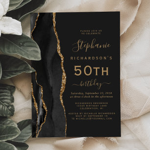 Invitación Fiesta de cumpleaños 50 oscuro Black Gold Agate