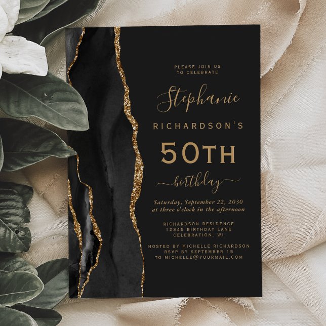 Invitación Fiesta de cumpleaños 50 oscuro Black Gold Agate (Subido por el creador)