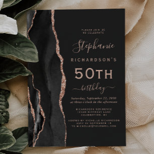 Invitación Fiesta de cumpleaños 50 oscuro Black Rose Gold Aga