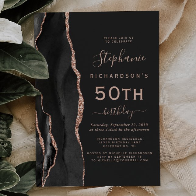 Invitación Fiesta de cumpleaños 50 oscuro Black Rose Gold Aga (Subido por el creador)