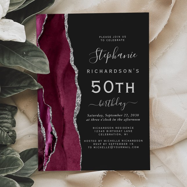 Invitación Fiesta de cumpleaños 50 oscuro Burgundy Silver Aga (Subido por el creador)