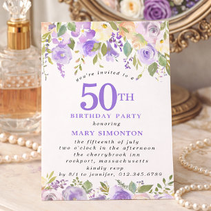 Invitación FIESTA DE CUMPLEAÑOS 50 PETITE Flor de Rosa Púrpur