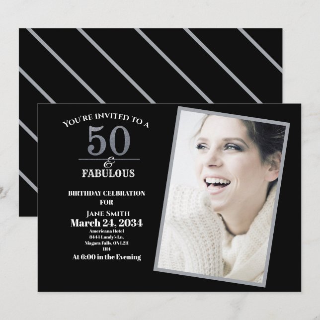 Invitación Fiesta de cumpleaños 50 Plata y Gris y fabulosa (Anverso / Reverso)