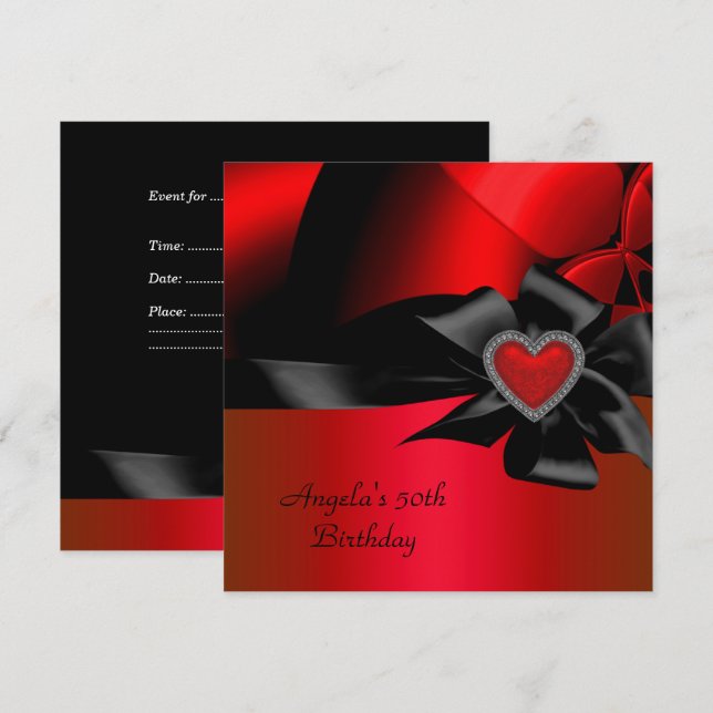 Invitación Fiesta de cumpleaños 50 Red Silver Abstract Black (Anverso / Reverso)